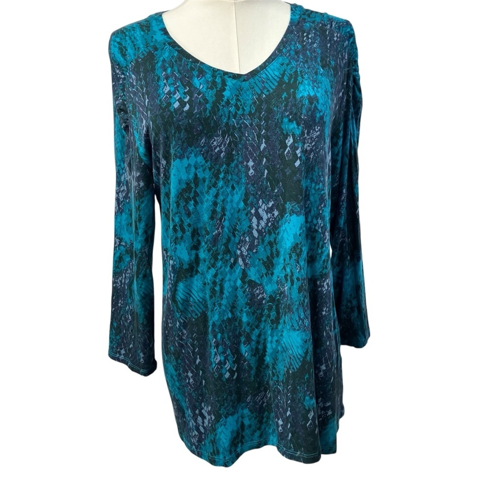 H by Halston Printed V-neck Rayon Long Sleeve Top Womens XS Spring Soft